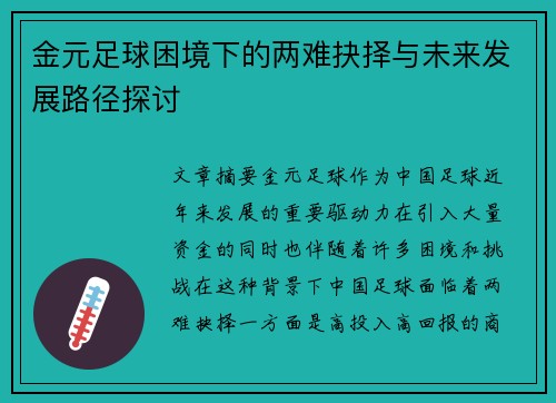 金元足球困境下的两难抉择与未来发展路径探讨