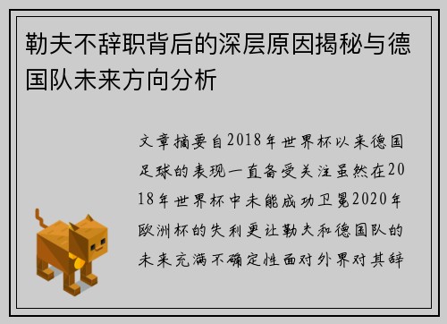 勒夫不辞职背后的深层原因揭秘与德国队未来方向分析
